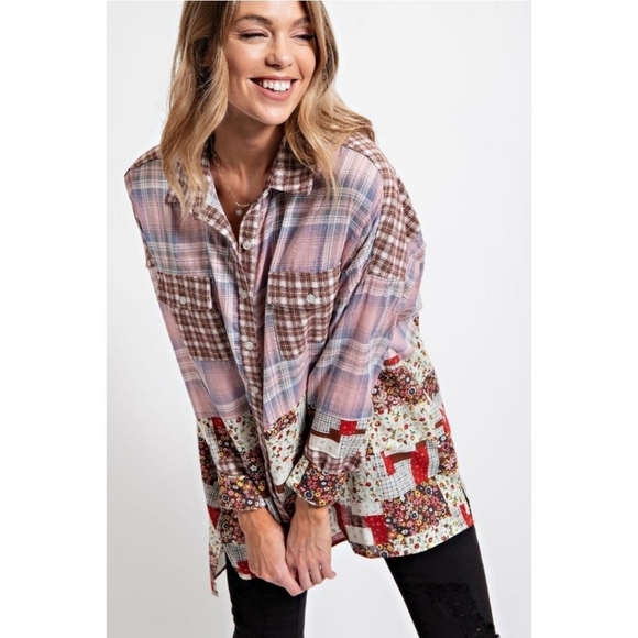 Easel Blush Mix N Match Print Button Down Oversized Loose Fit Plaid Shirt - Picture 5 of 7